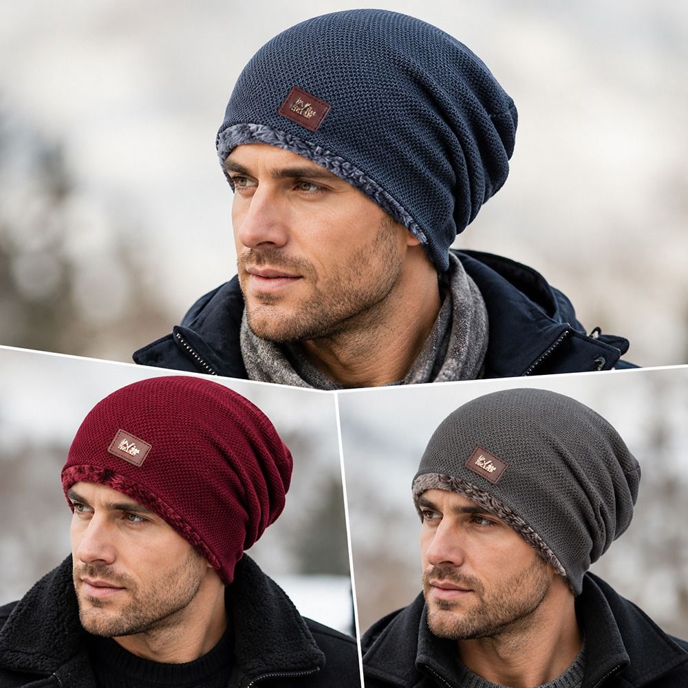 Knit Beanie Hat Warm - หมวกไหมพรมบุขนแกะอุ่นสบาย สไตล์ลำลอง ตกแต่งด้วยป้ายผ้า วัสดุถักนิตติ้ง ทรงหลวม หมวกไหมพรมฤดูหนาวแบบสวม