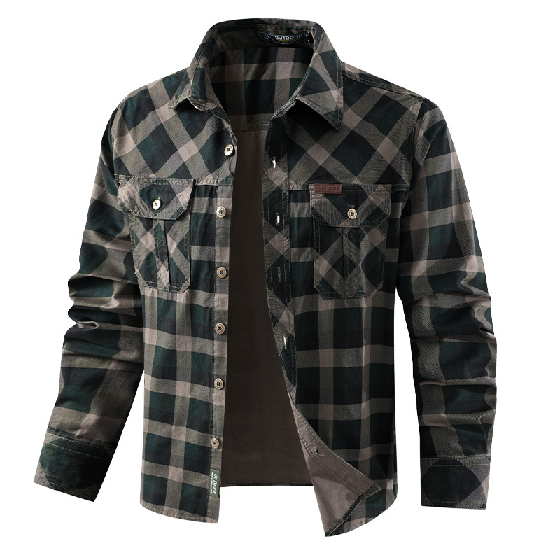 Flannel Shirt Lined - เสื้อเชิ้ตลายสก๊อตผู้ชาย เสื้อเชิ้ตลำลองสไตล์ทหาร เสื้อเชิ้ตหลวมสำหรับกิจกรรมกลางแจ้ง เสื้อเชิ้ตมีกระเป๋าหลายช่อง เสื้อเชิ้ตผ้าฝ้ายคุณภาพดี เสื้อเชิ้ตแขนยาวผู้ชาย