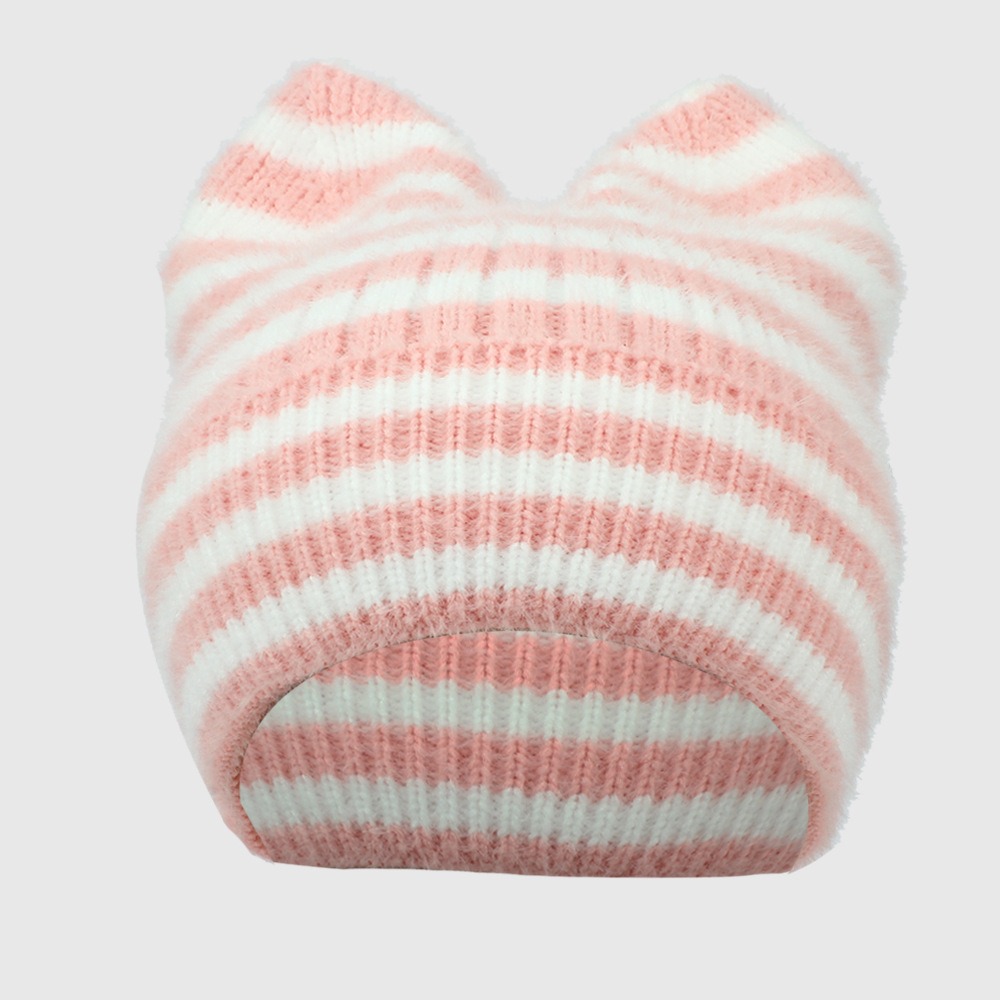 Knit Beanie Hat Warm - หมวกบีนนี่แฟชั่นฤดูหนาวลายทางพร้อมหูแมว หมวกไหมพรมถักอุ่นสบาย สไตล์ Y2K ฮิปฮอป คอสเพลย์