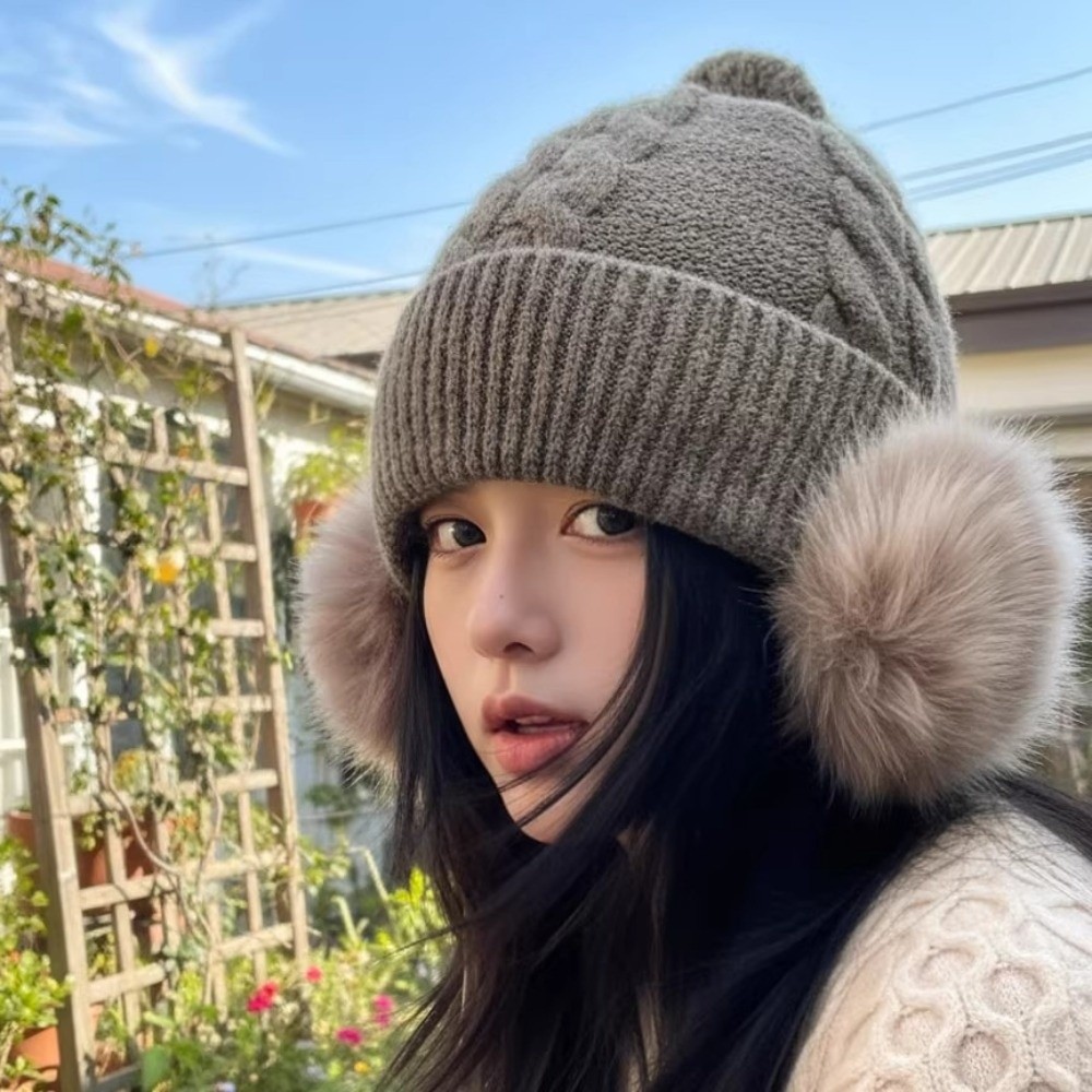 หมวกไหมพรมถักลายเคเบิลพร้อมที่ - Knit Beanie Hat Warm บทวิจารณ์และราคา